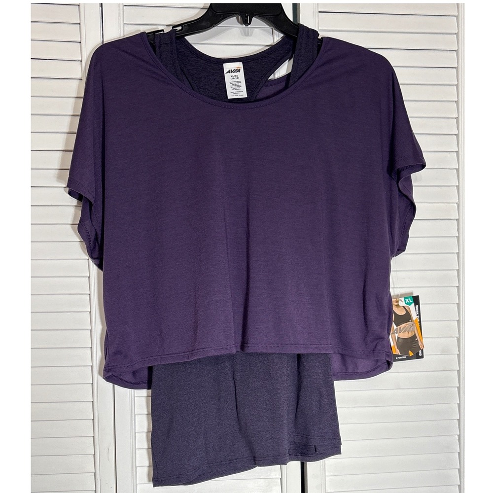 Avia Womens XL 2-for-1 Layered Activewear Set Purple Crop Tee & Racerback Tank